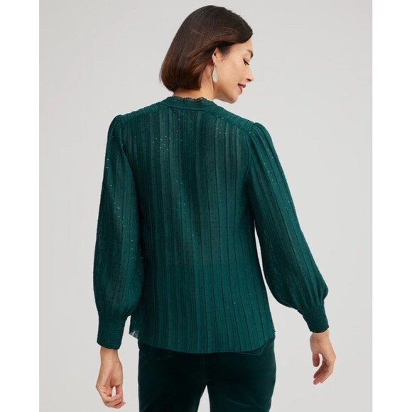 Chico’s Women’s 12 Emerald Green Shimmery Dot Chiffon V-Neck Blouse Long Sleeve - Picture 2 of 10